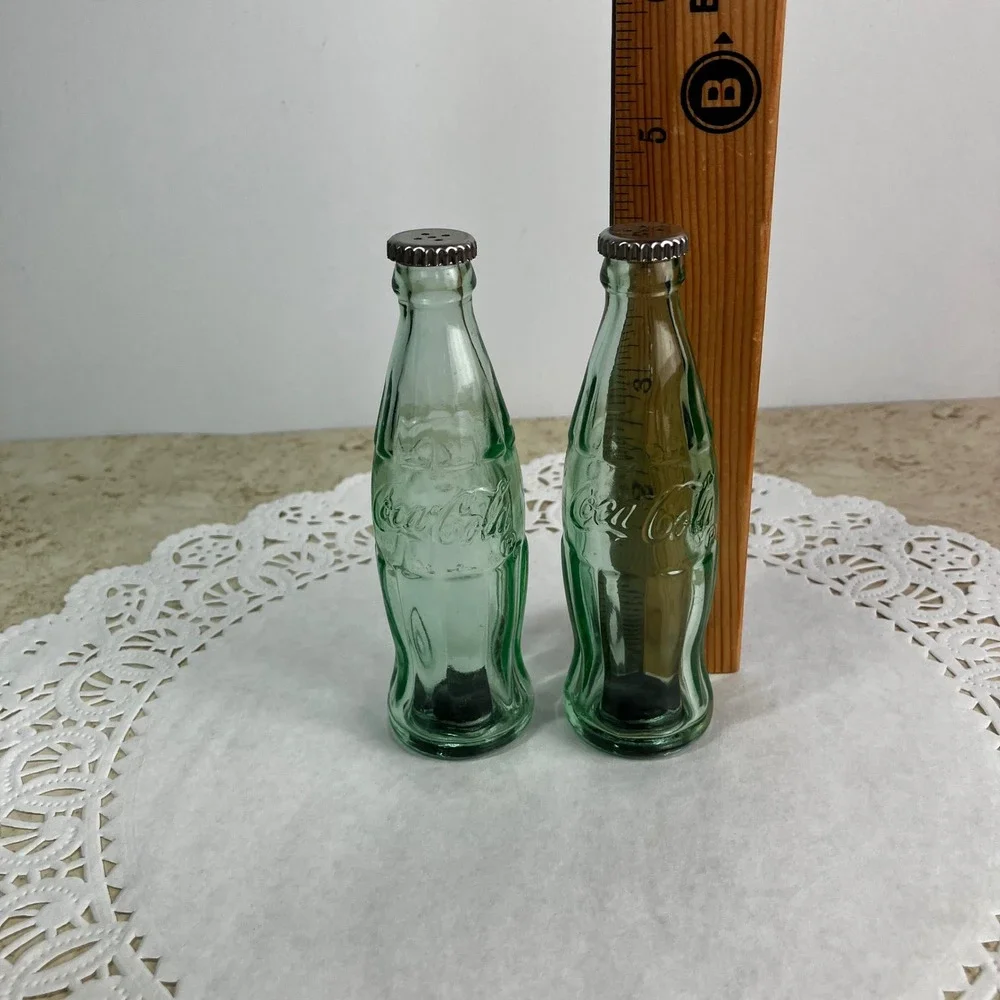 Coca-Cola Salt and Pepper Shakers Glass Bottle Set 4.5in Green New Old Stock